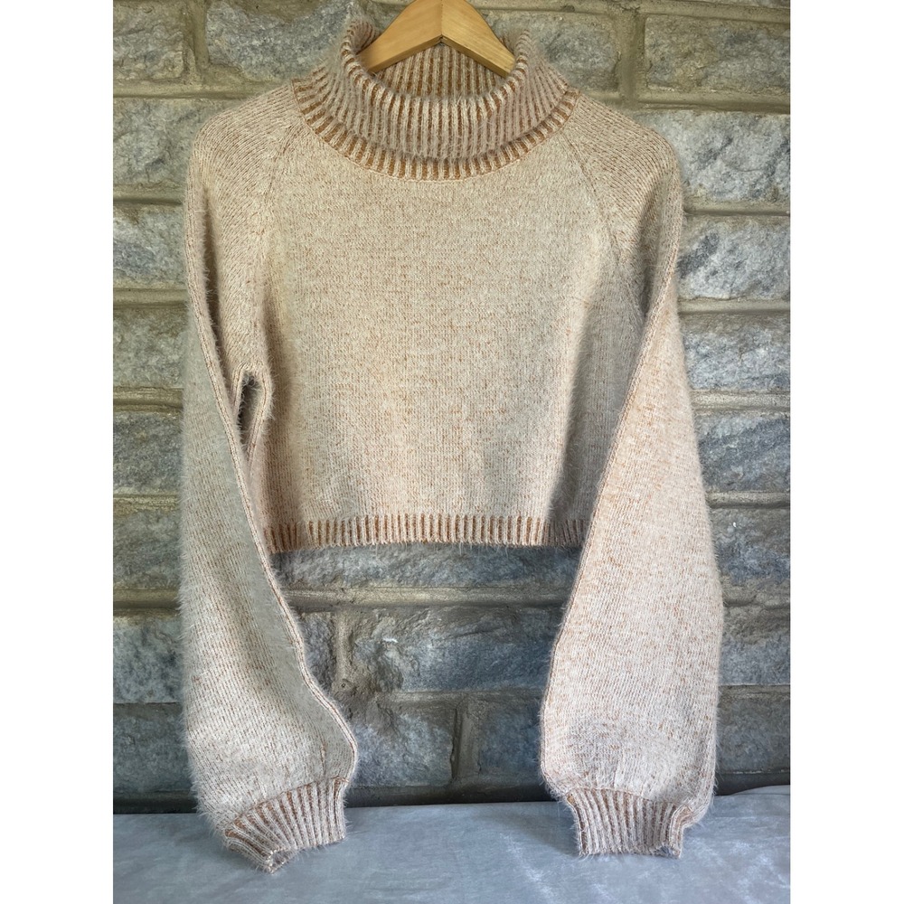 Altar'd State Eyelash Knit Cropped Turtleneck Sweater Tan Marled Large IBT15281A